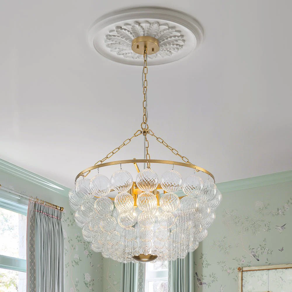 Brass Draped Ribbed Glass Bubble Round Pendant Chandelier - Image 3