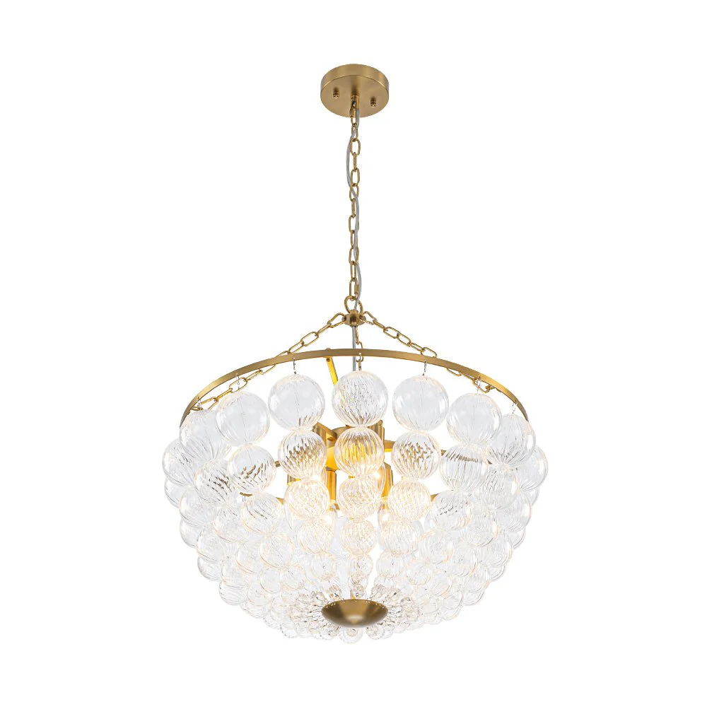 Brass Draped Ribbed Glass Bubble Round Pendant Chandelier - Image 6