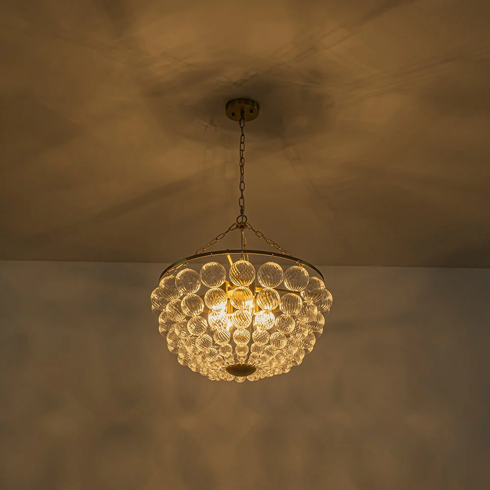Brass Draped Ribbed Glass Bubble Round Pendant Chandelier - Image 9