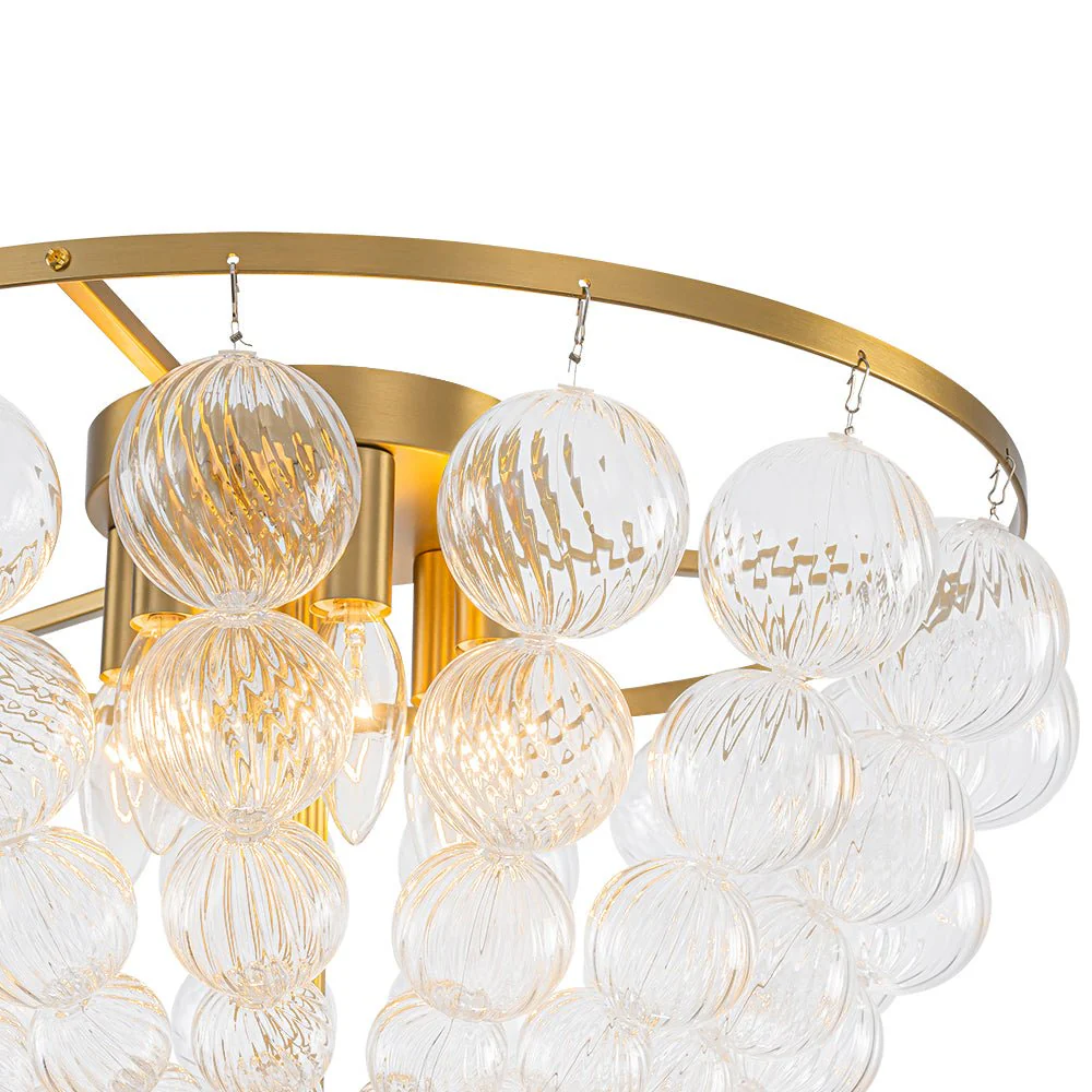 Brass Draped Ribbed Glass Globe Round Semi Flush Chandelier - Image 10