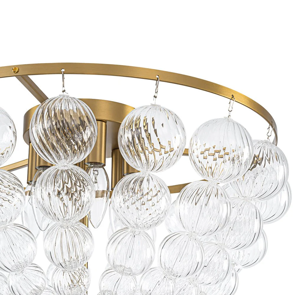 Brass Draped Ribbed Glass Globe Round Semi Flush Chandelier - Image 11