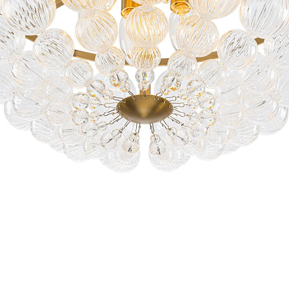 Brass Draped Ribbed Glass Globe Round Semi Flush Chandelier - Image 12