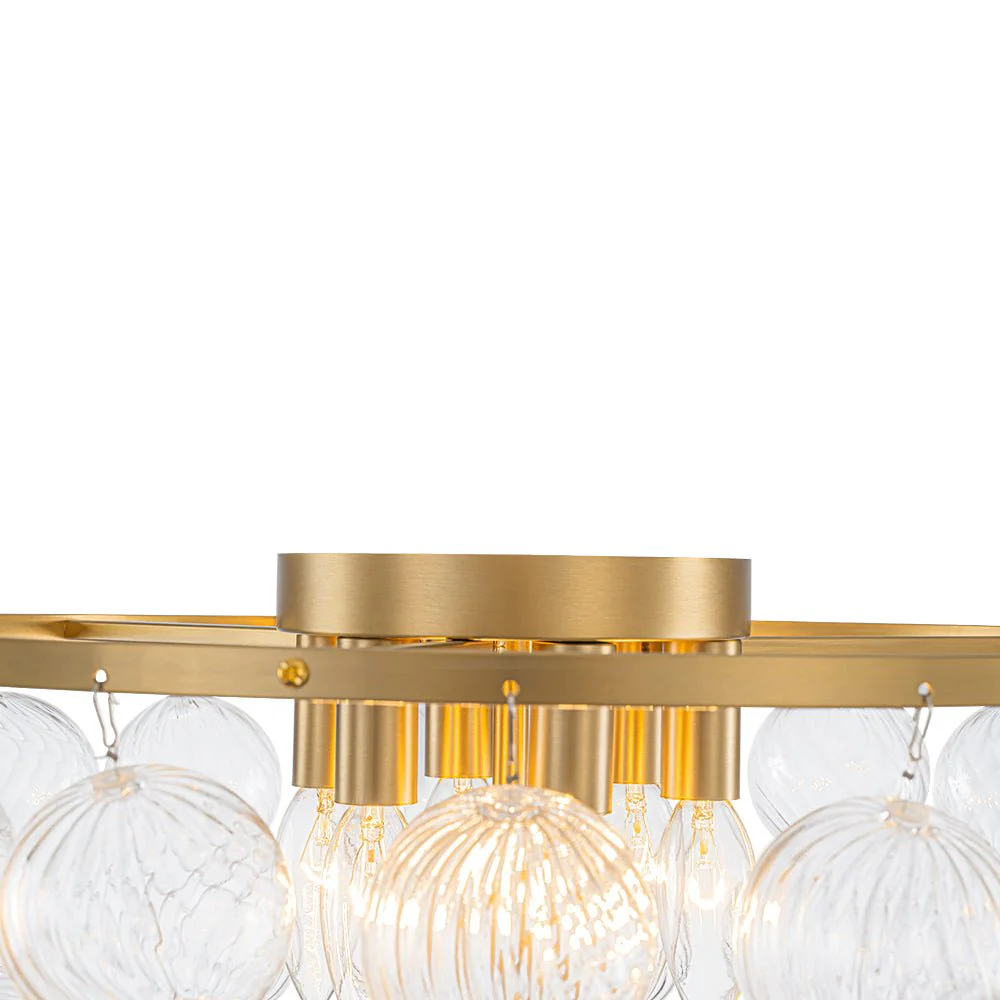 Brass Draped Ribbed Glass Globe Round Semi Flush Chandelier - Image 14
