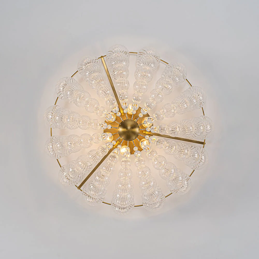 Brass Draped Ribbed Glass Globe Round Semi Flush Chandelier - Image 15