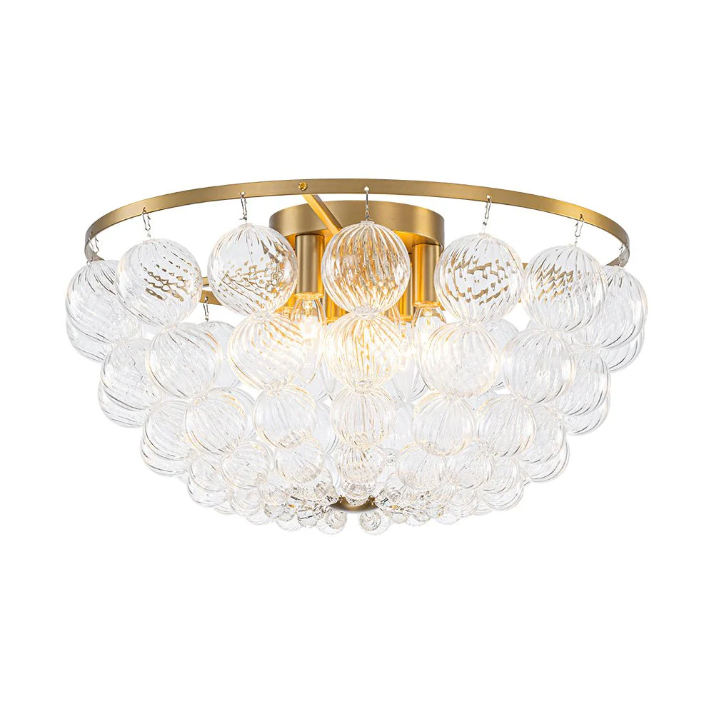 Brass Draped Ribbed Glass Globe Round Semi Flush Chandelier - Image 3