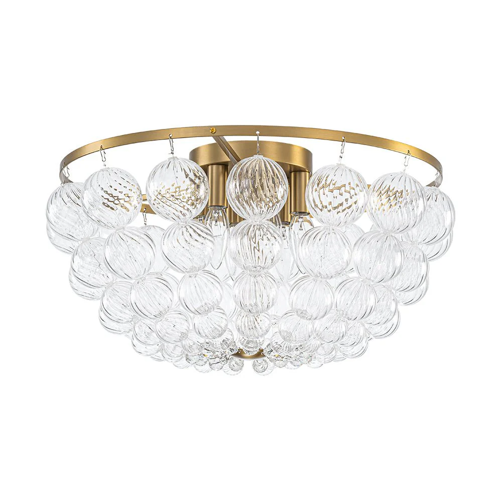 Brass Draped Ribbed Glass Globe Round Semi Flush Chandelier - Image 4