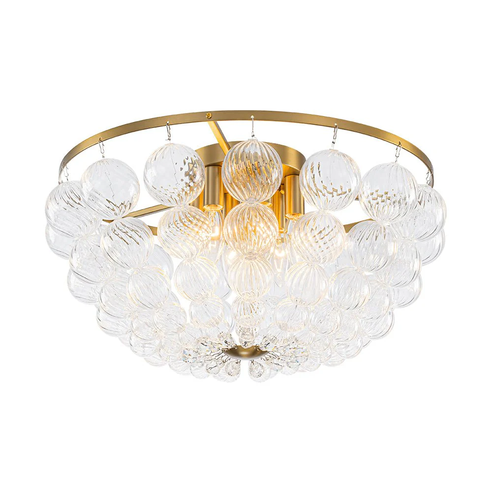 Brass Draped Ribbed Glass Globe Round Semi Flush Chandelier - Image 5