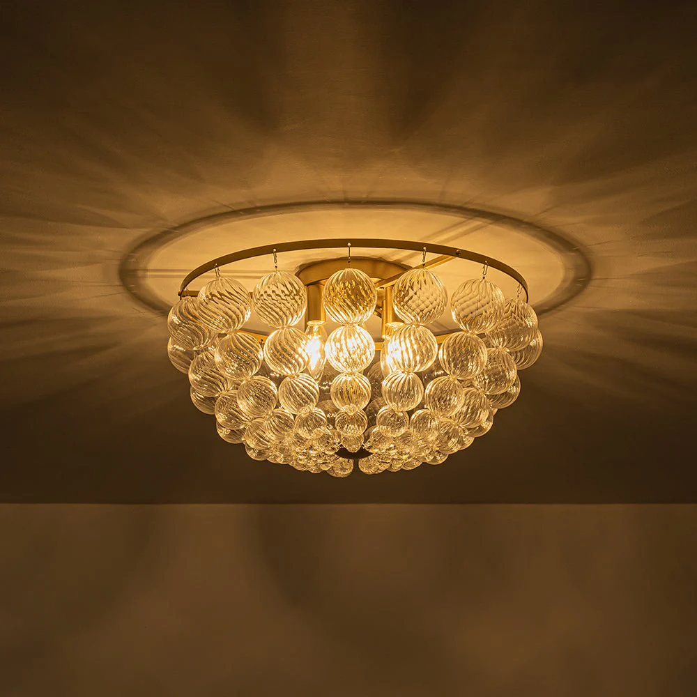 Brass Draped Ribbed Glass Globe Round Semi Flush Chandelier - Image 6