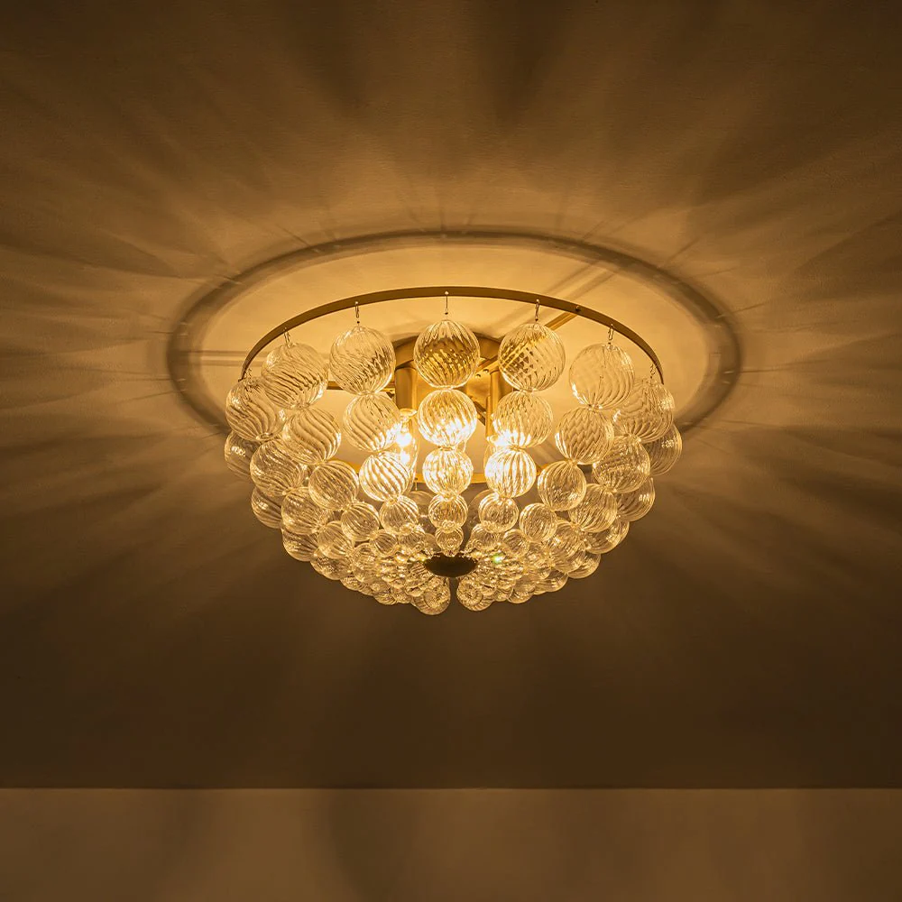 Brass Draped Ribbed Glass Globe Round Semi Flush Chandelier - Image 7