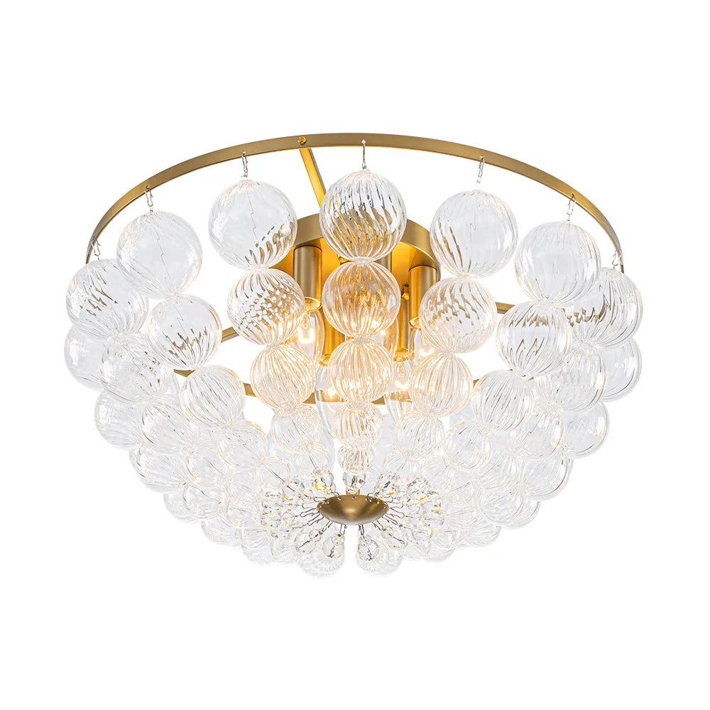 Brass Draped Ribbed Glass Globe Round Semi Flush Chandelier - Image 8