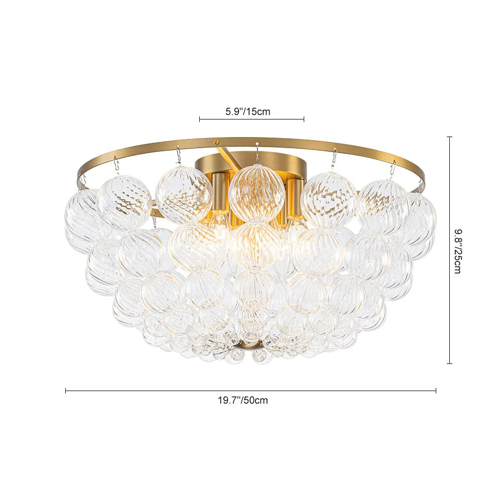 Brass Draped Ribbed Glass Globe Round Semi Flush Chandelier - Image 9