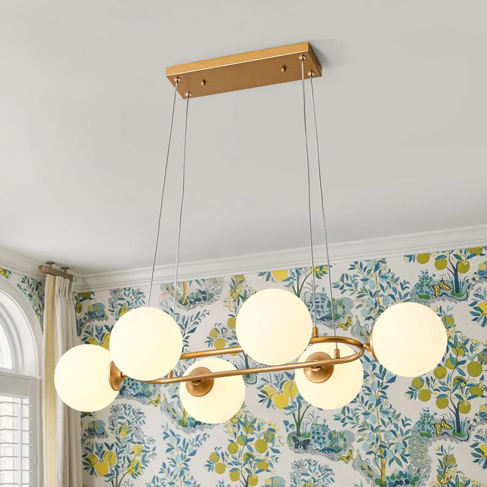 Brass Frosted White Glass Bubble Oval Ring Island Chandelier - Image 2