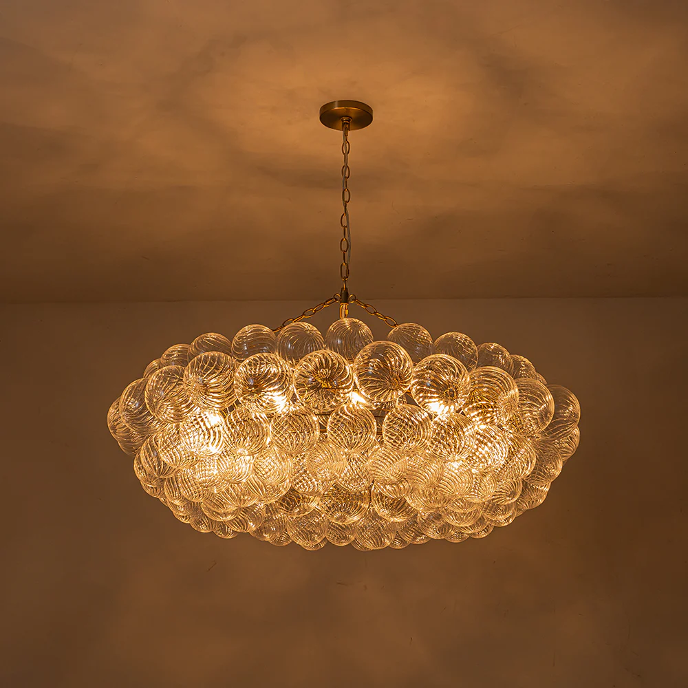 Brass Halo Ribbed Glass Globe Bubble Ring Chandelier - Image 22