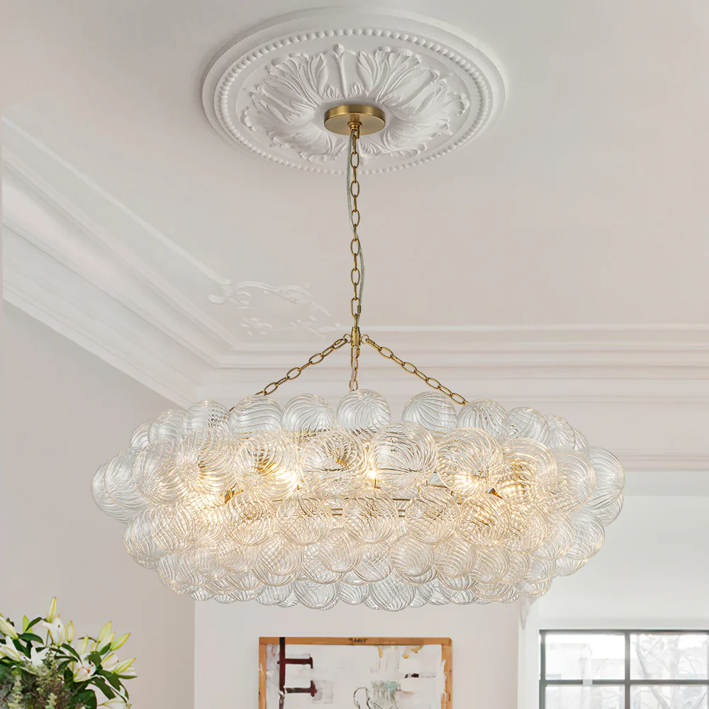 Brass Halo Ribbed Glass Globe Bubble Ring Chandelier - Image 3