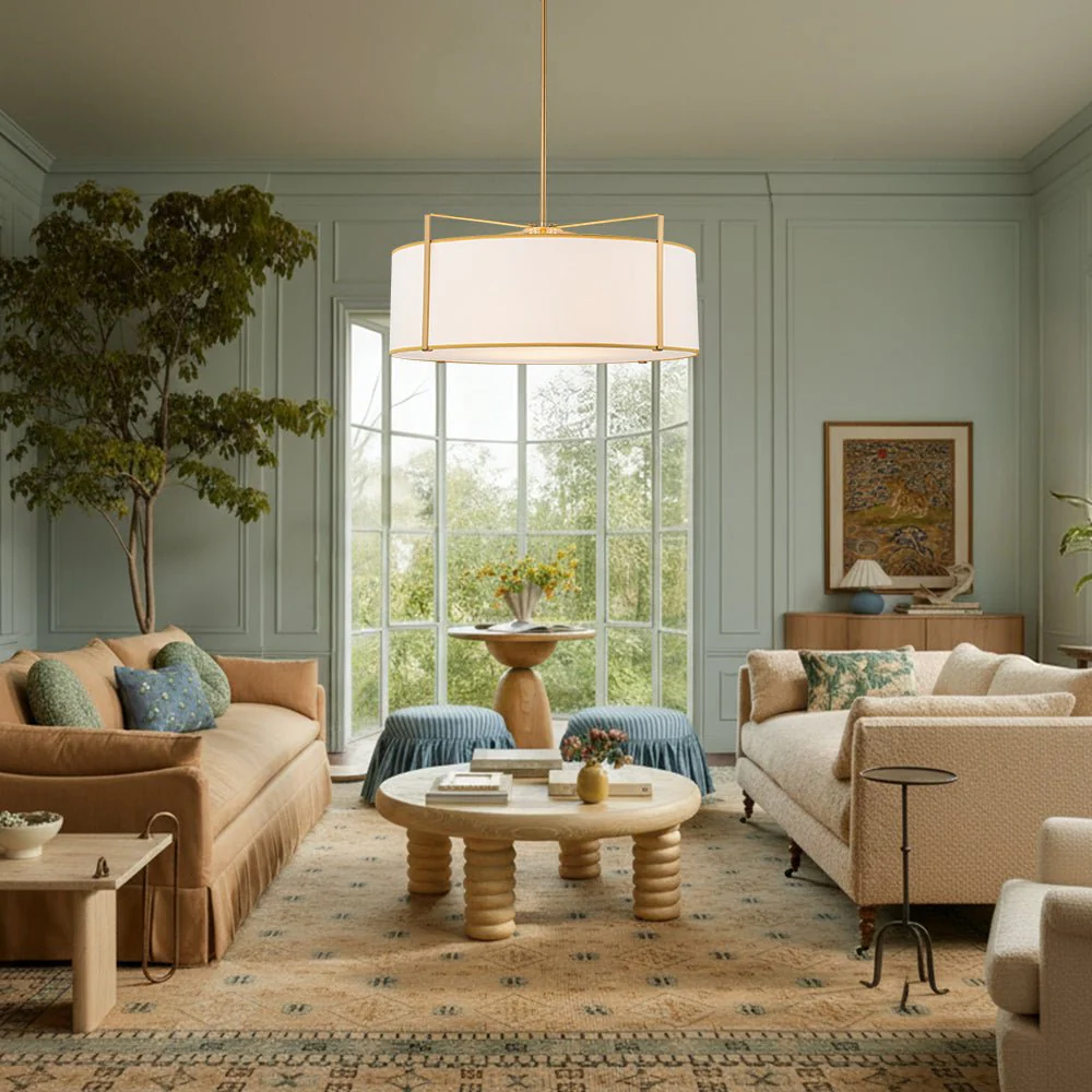 Brass Large White Fabric Drum Cage Chandelier - Image 2