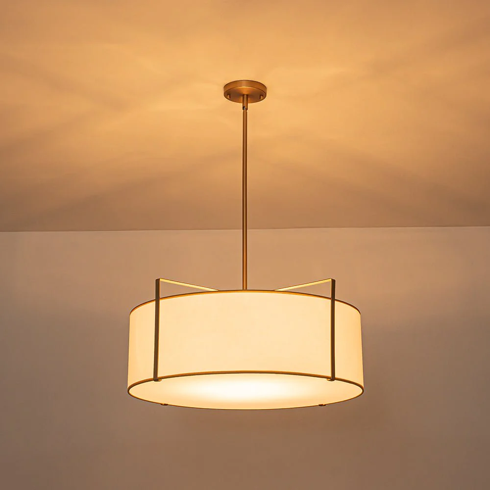 Brass Large White Fabric Drum Cage Chandelier - Image 4