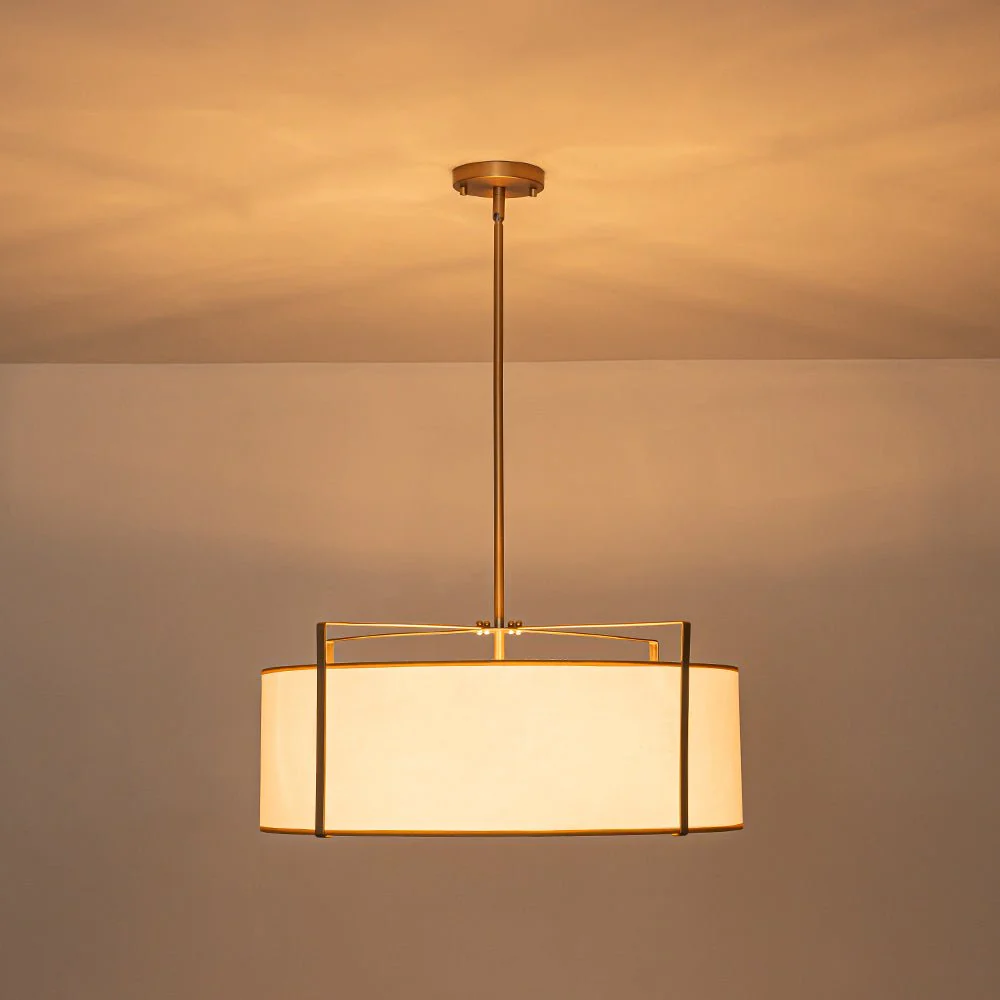 Brass Large White Fabric Drum Cage Chandelier - Image 5