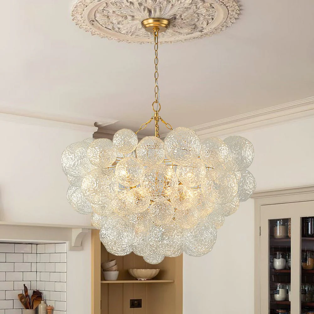 Brass Luxe Cluster Rippled Glass Globe Bubble Chandelier - Image 6