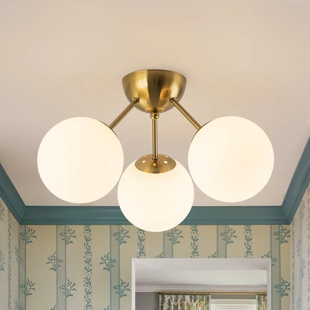 Brass Mid-Century 3-Light Glass Globe Semi Flush Mount - Image 3