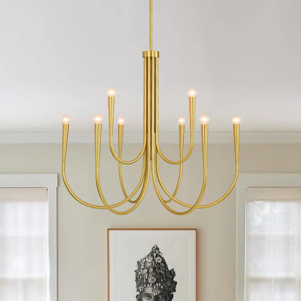 Brass Mid-Century Minimalist Tiered Candle Style Chandelier - Image 4