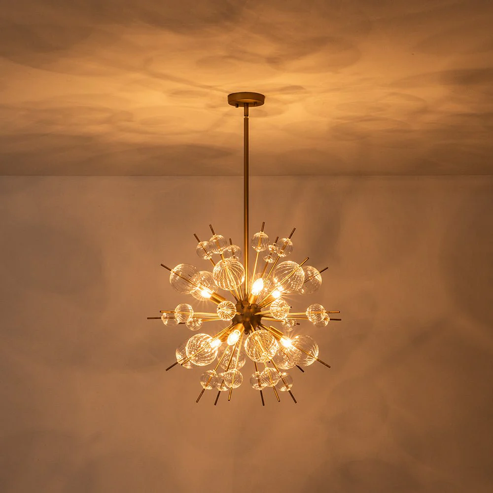 Brass Ribbed Glass Globe Bubble Sputnik Sunburst Chandelier - Image 11
