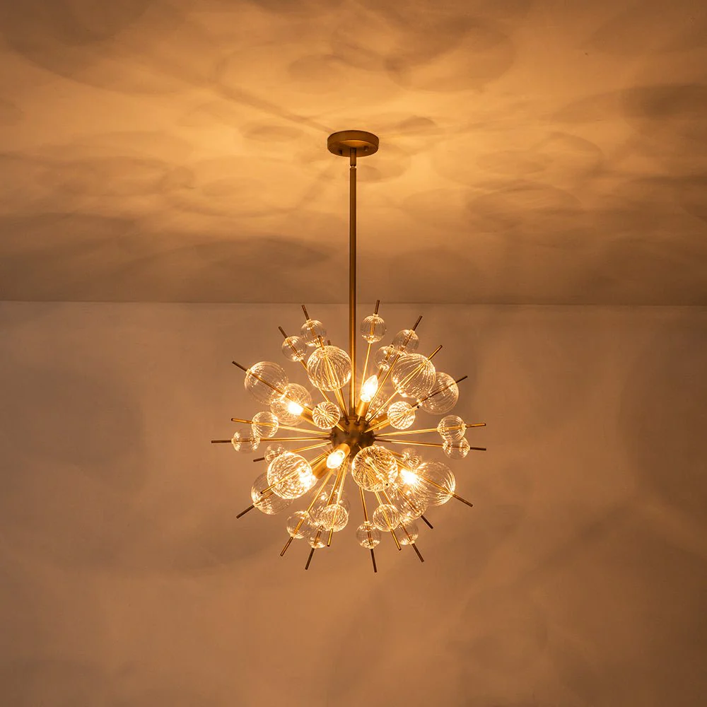 Brass Ribbed Glass Globe Bubble Sputnik Sunburst Chandelier - Image 12
