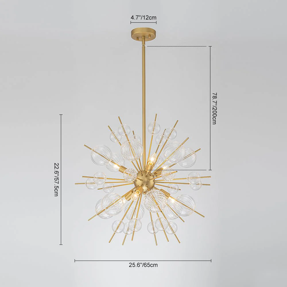Brass Ribbed Glass Globe Bubble Sputnik Sunburst Chandelier - Image 13