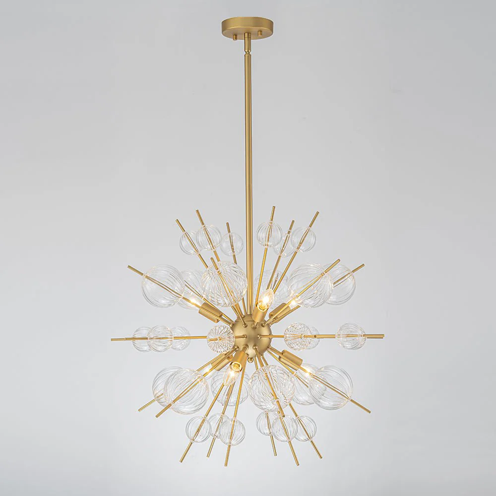 Brass Ribbed Glass Globe Bubble Sputnik Sunburst Chandelier - Image 2