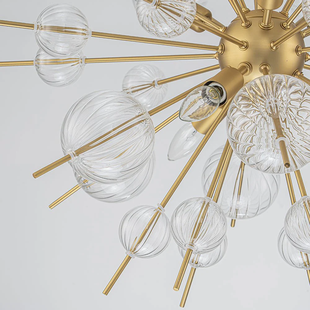 Brass Ribbed Glass Globe Bubble Sputnik Sunburst Chandelier - Image 6