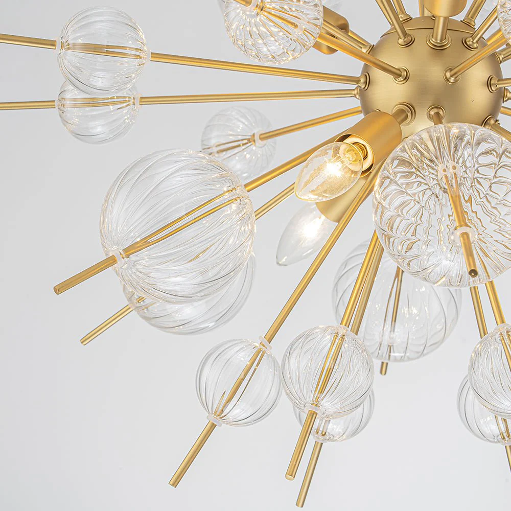 Brass Ribbed Glass Globe Bubble Sputnik Sunburst Chandelier - Image 7