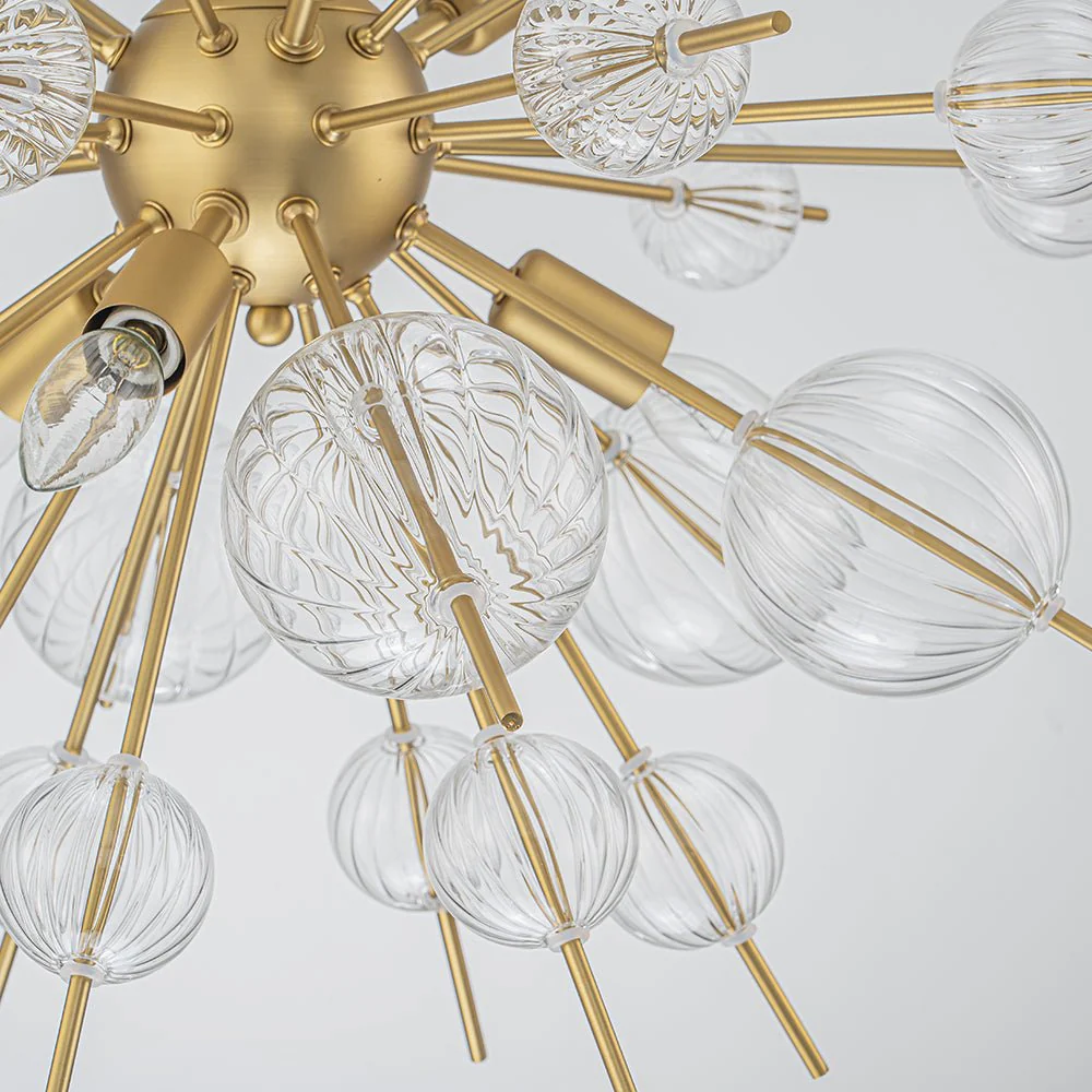 Brass Ribbed Glass Globe Bubble Sputnik Sunburst Chandelier - Image 8