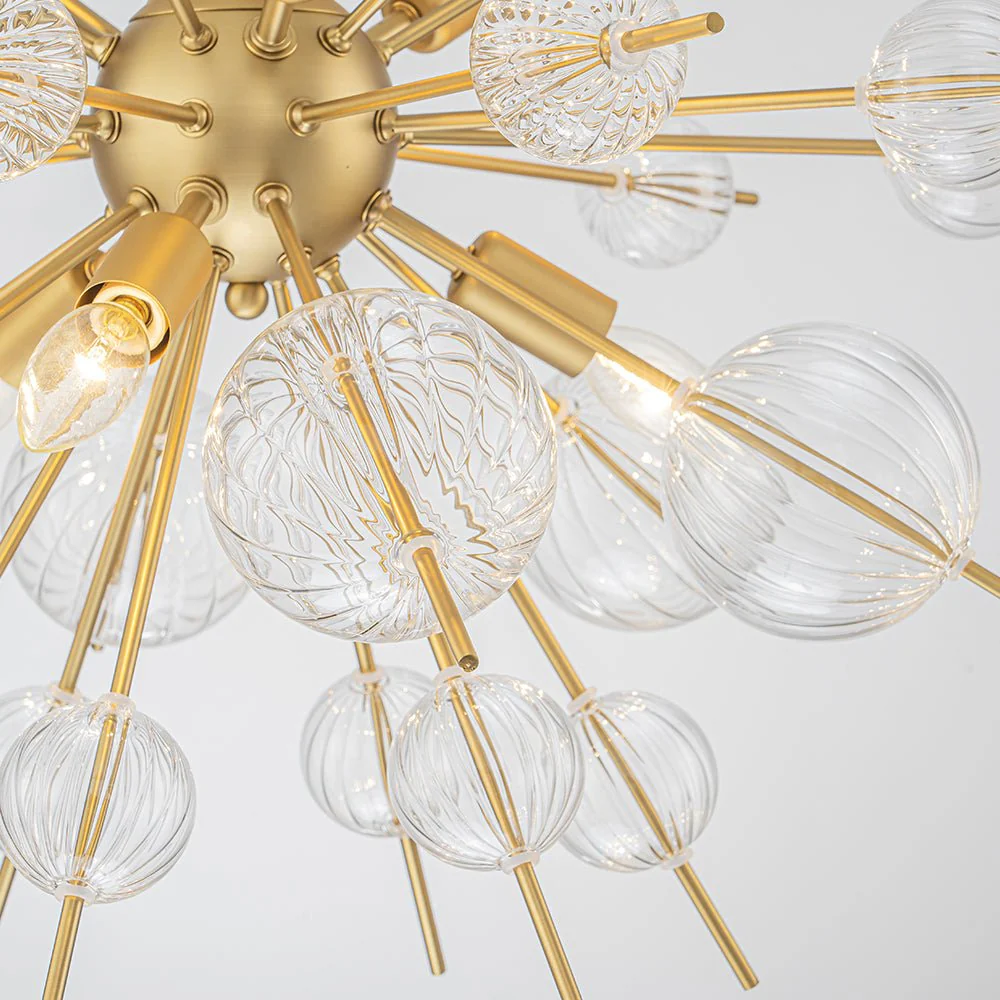 Brass Ribbed Glass Globe Bubble Sputnik Sunburst Chandelier - Image 9