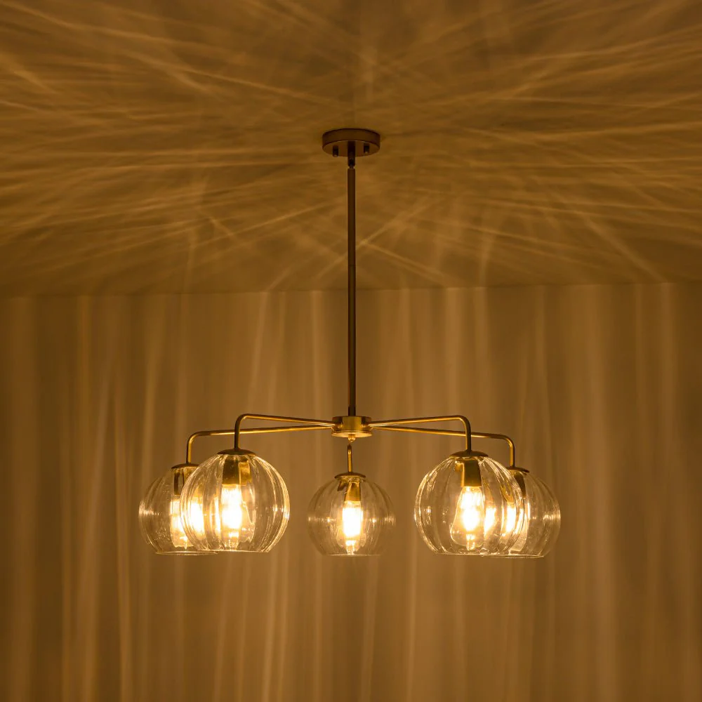 Brass Striped Ribbed Glass Globe 5-light Sputnik Chandelier - Image 10