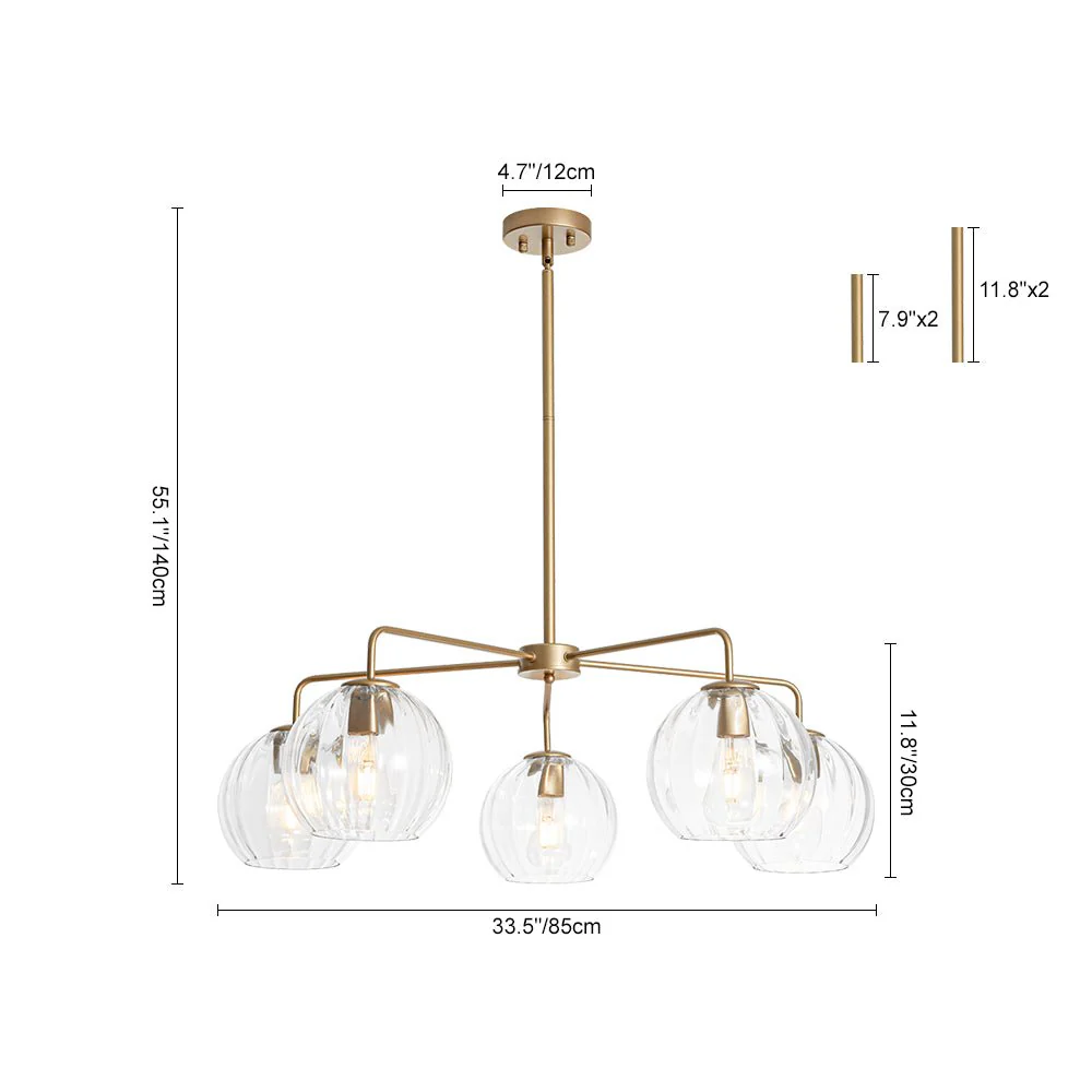 Brass Striped Ribbed Glass Globe 5-light Sputnik Chandelier - Image 11