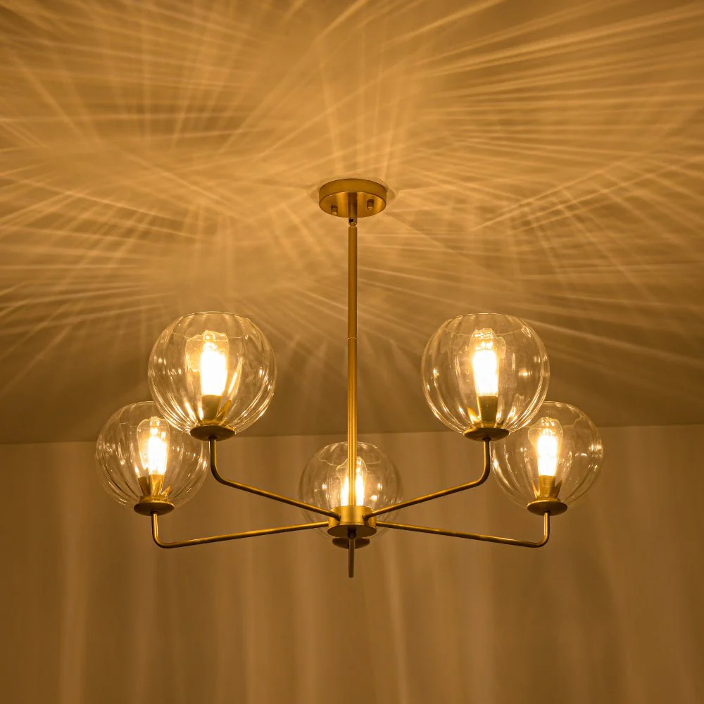 Brass Striped Ribbed Glass Globe 5-light Sputnik Chandelier - Image 8