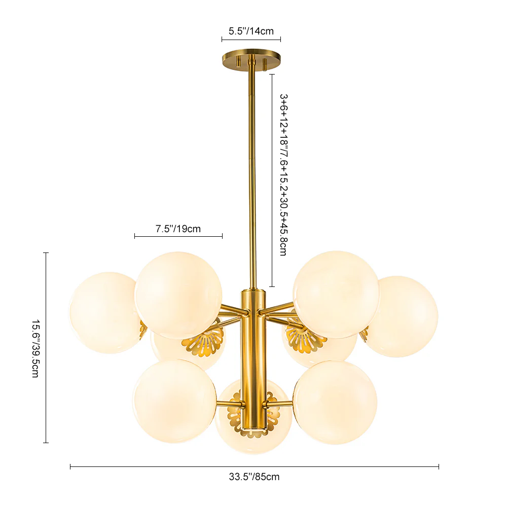 Brass Daisy Tiered Opal Glass Globe Sputnik Chandelier - Image 22