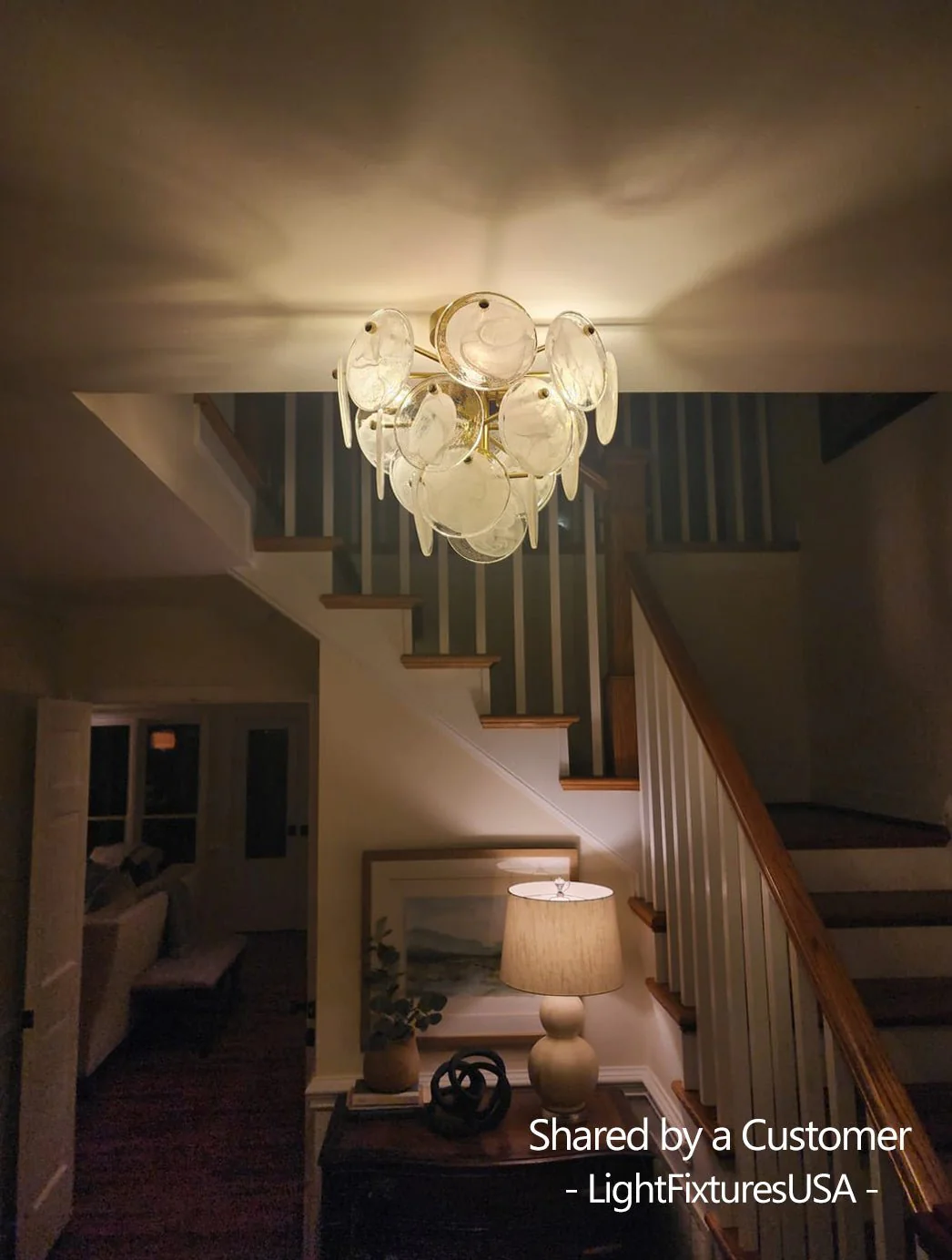 Brass Tiered Opal Swirl Glass Semi Flush Chandelier - Image 3