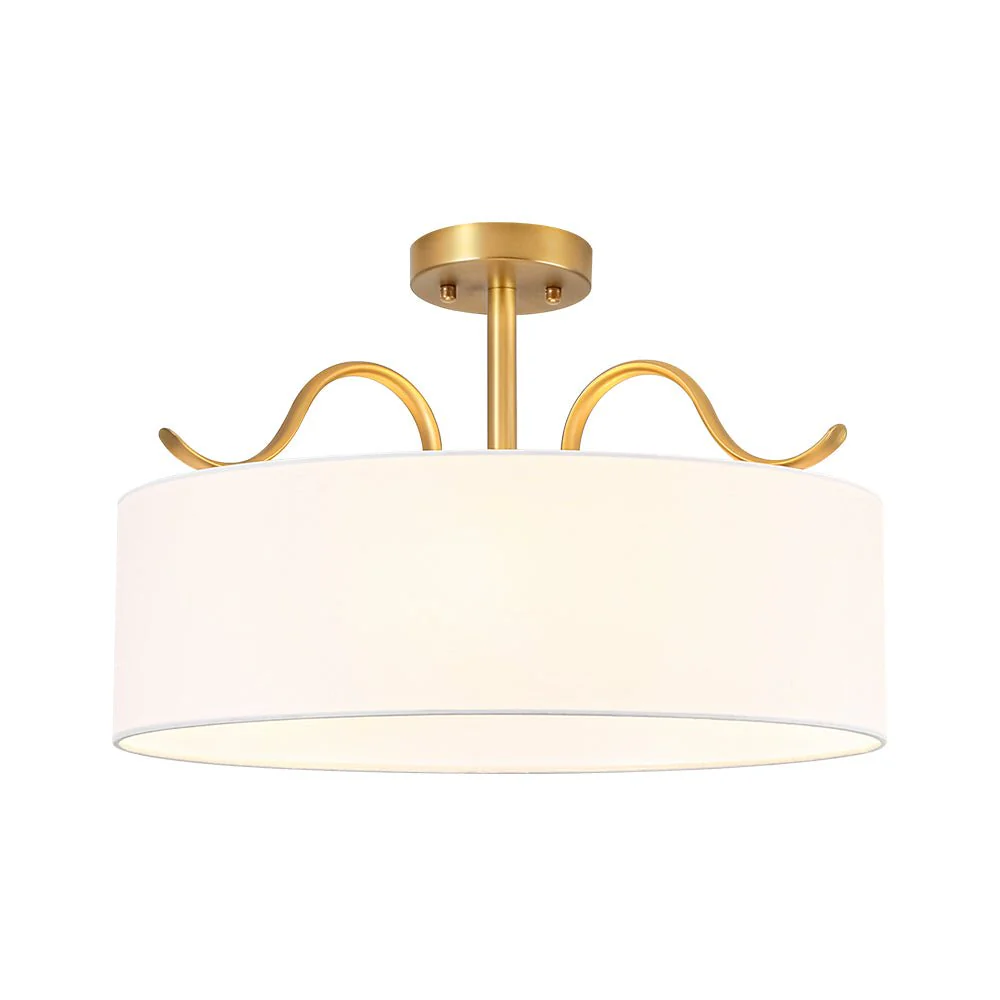 Brass White Fabric Drum Cage Semi Flush Dual Mount Chandelier - Image 10