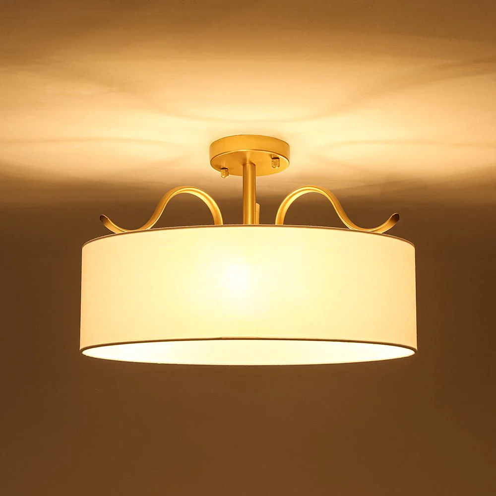 Brass White Fabric Drum Cage Semi Flush Dual Mount Chandelier - Image 11