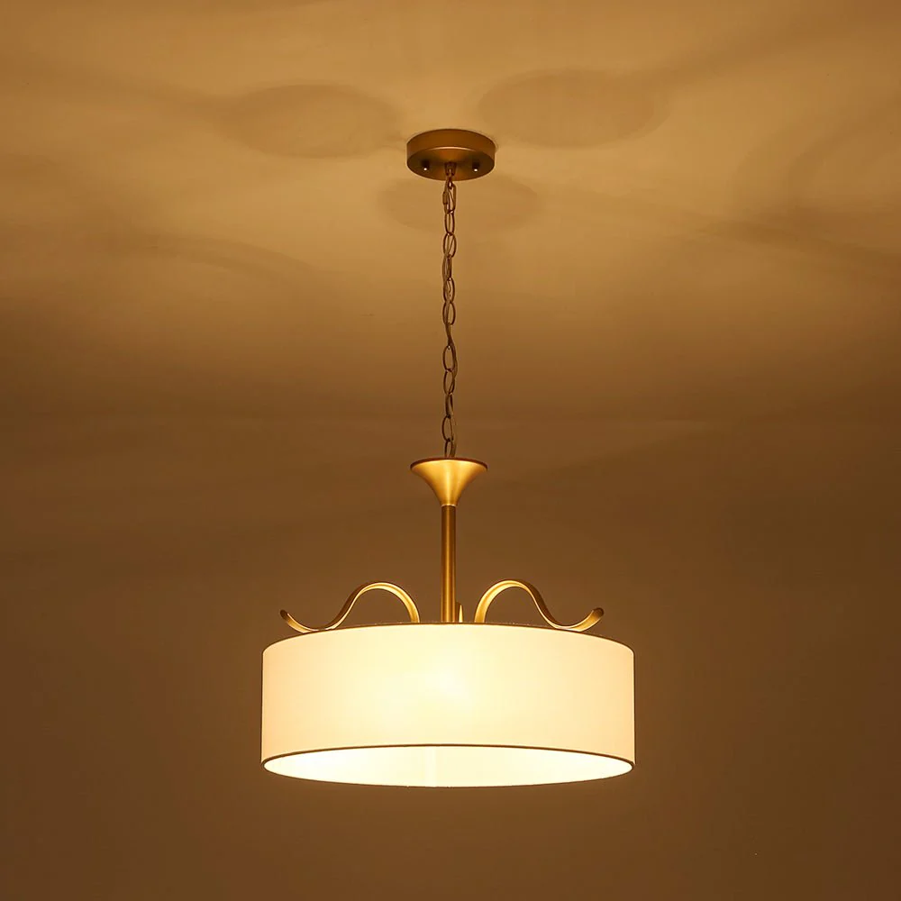 Brass White Fabric Drum Cage Semi Flush Dual Mount Chandelier - Image 12
