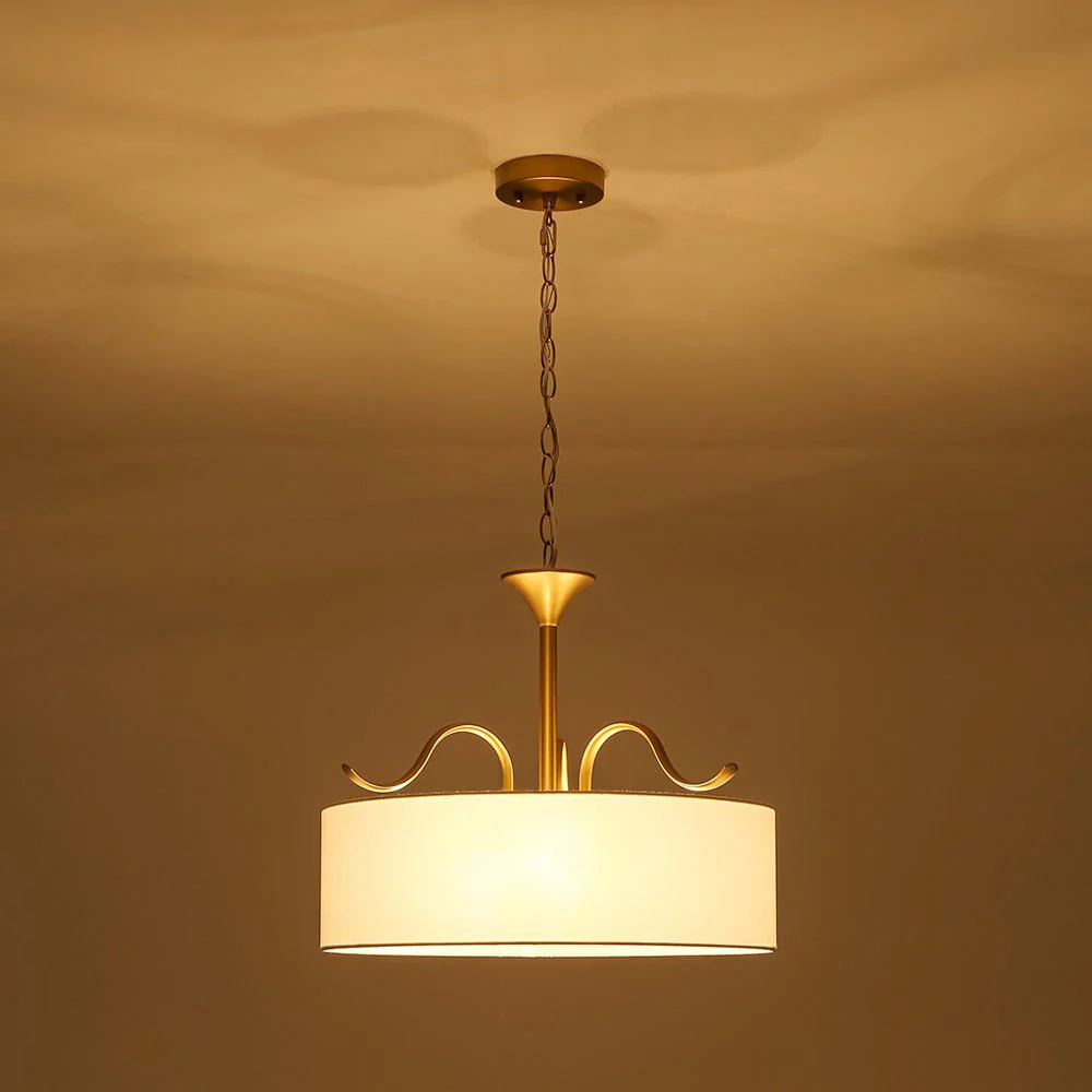 Brass White Fabric Drum Cage Semi Flush Dual Mount Chandelier - Image 8