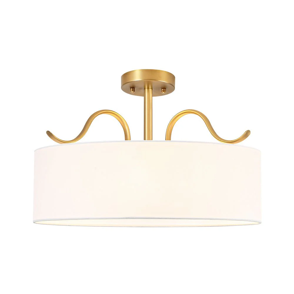 Brass White Fabric Drum Cage Semi Flush Dual Mount Chandelier - Image 9