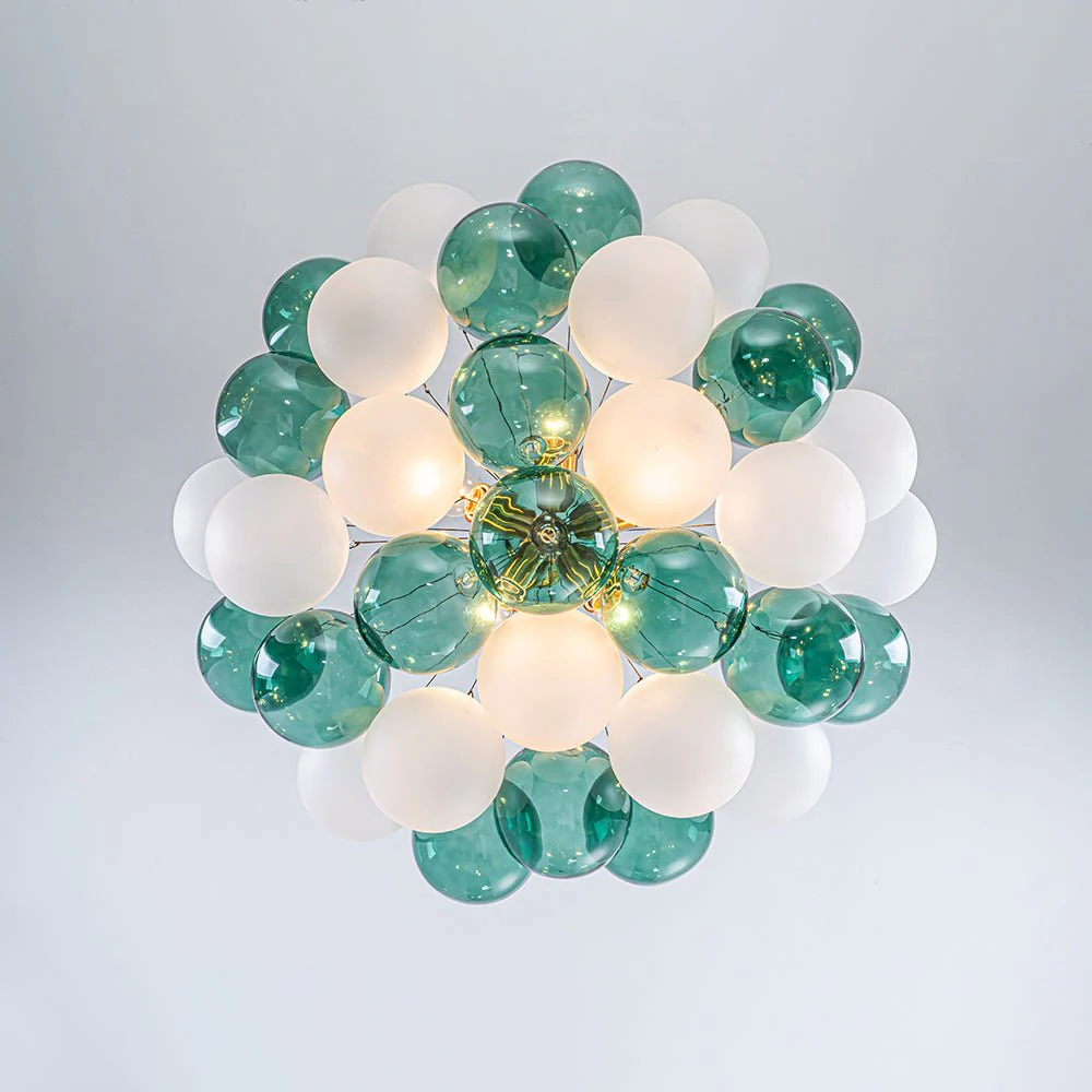 Art Deco Cluster Green Frosted White Glass Bubble Chandelier - Image 15