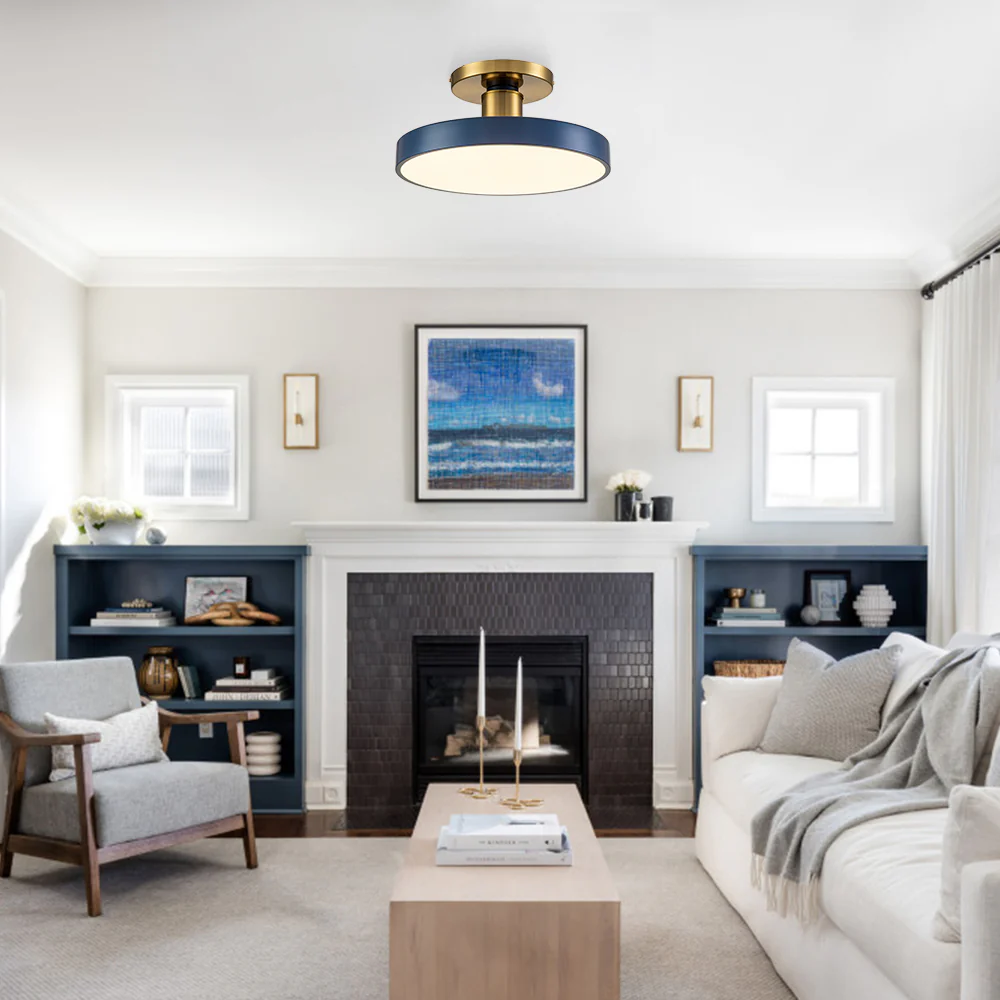 Contemporary Brass Blue Round LED Semi Flush Lighting - Image 4