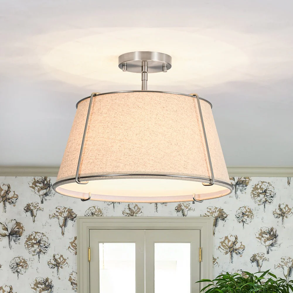 Contemporary Wide Linen Drum Brass Semi Flush Mount - Image 10