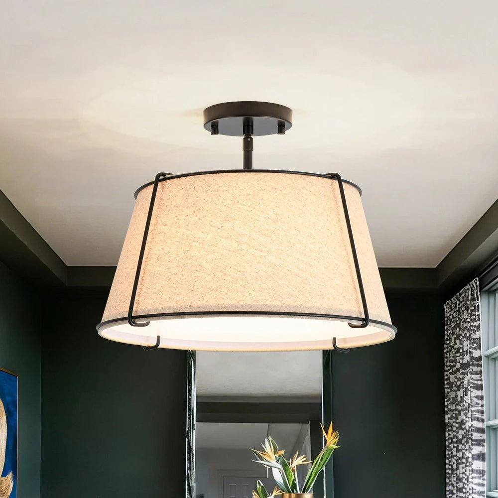 Contemporary Wide Linen Drum Brass Semi Flush Mount - Image 12