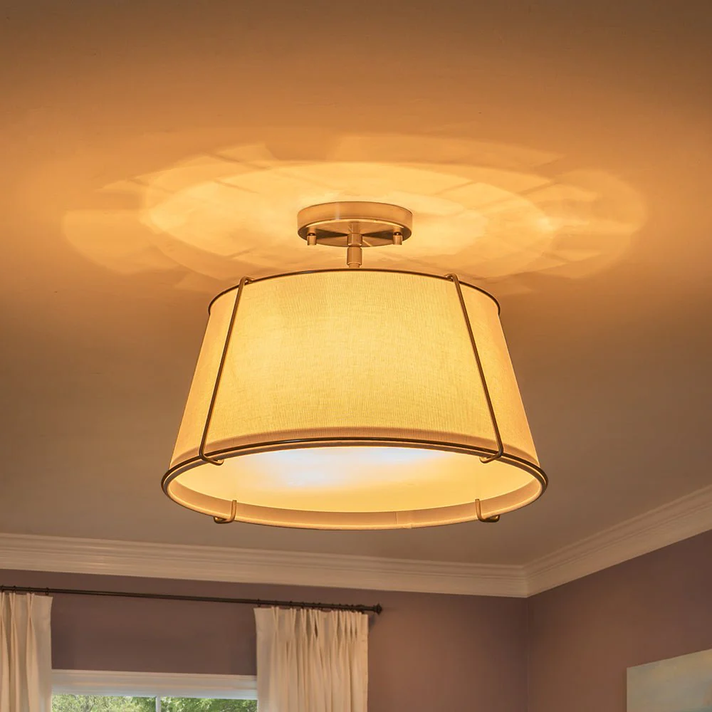 Contemporary Wide Linen Drum Brass Semi Flush Mount - Image 27
