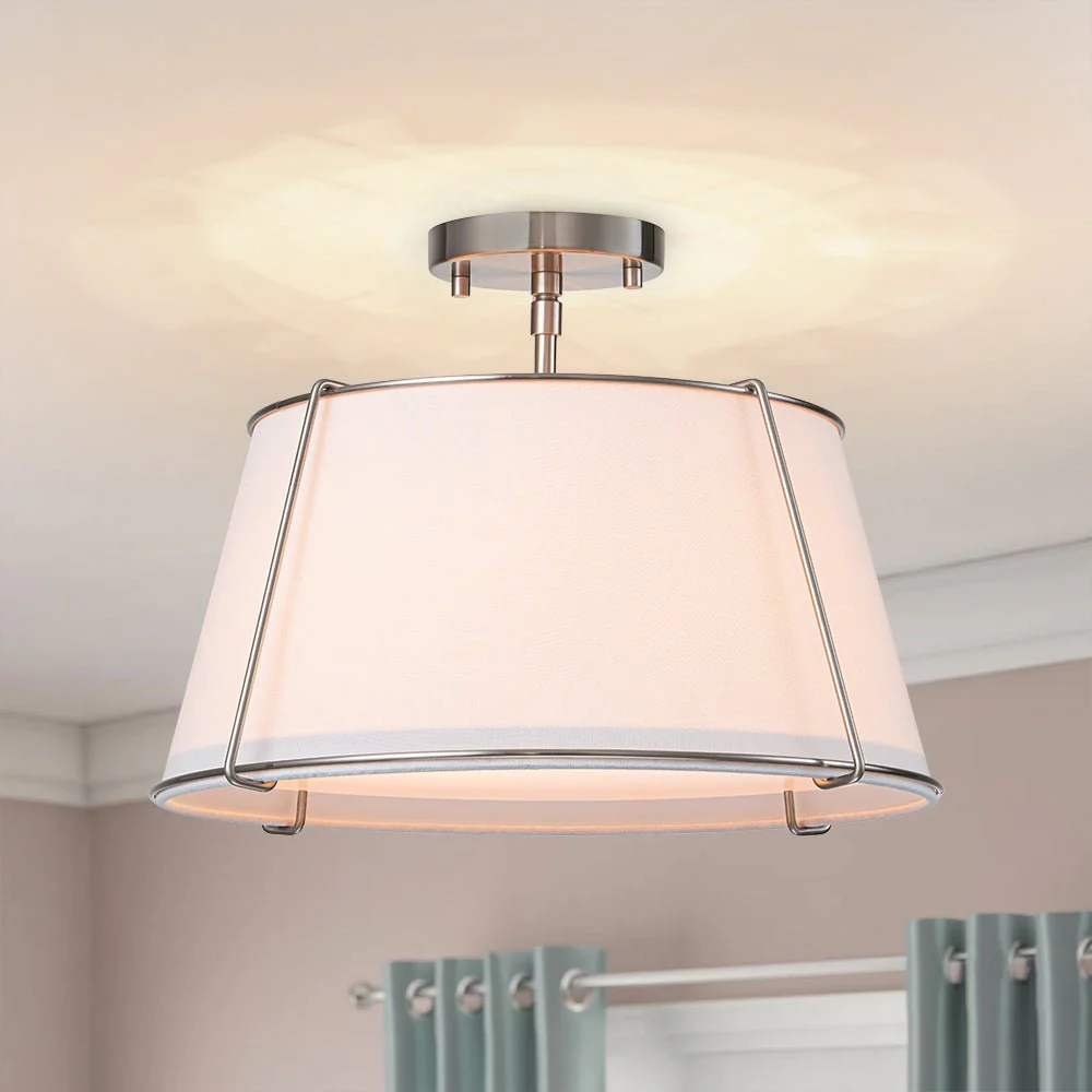Contemporary Wide Linen Drum Brass Semi Flush Mount - Image 4