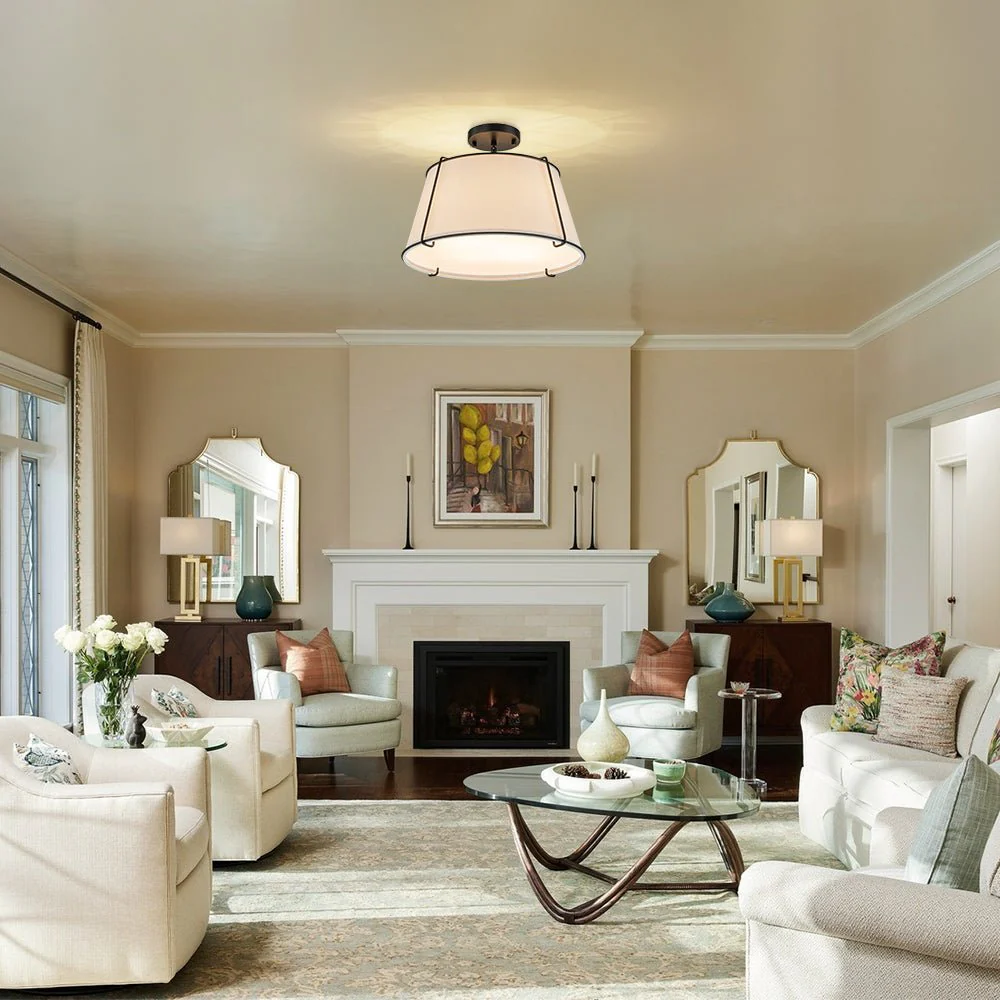 Contemporary Wide Linen Drum Brass Semi Flush Mount - Image 5