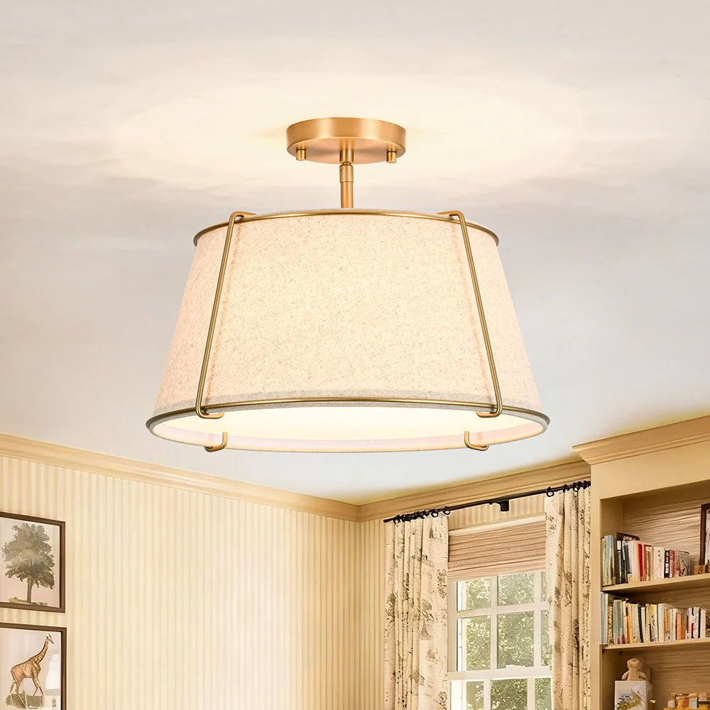 Contemporary Wide Linen Drum Brass Semi Flush Mount - Image 7